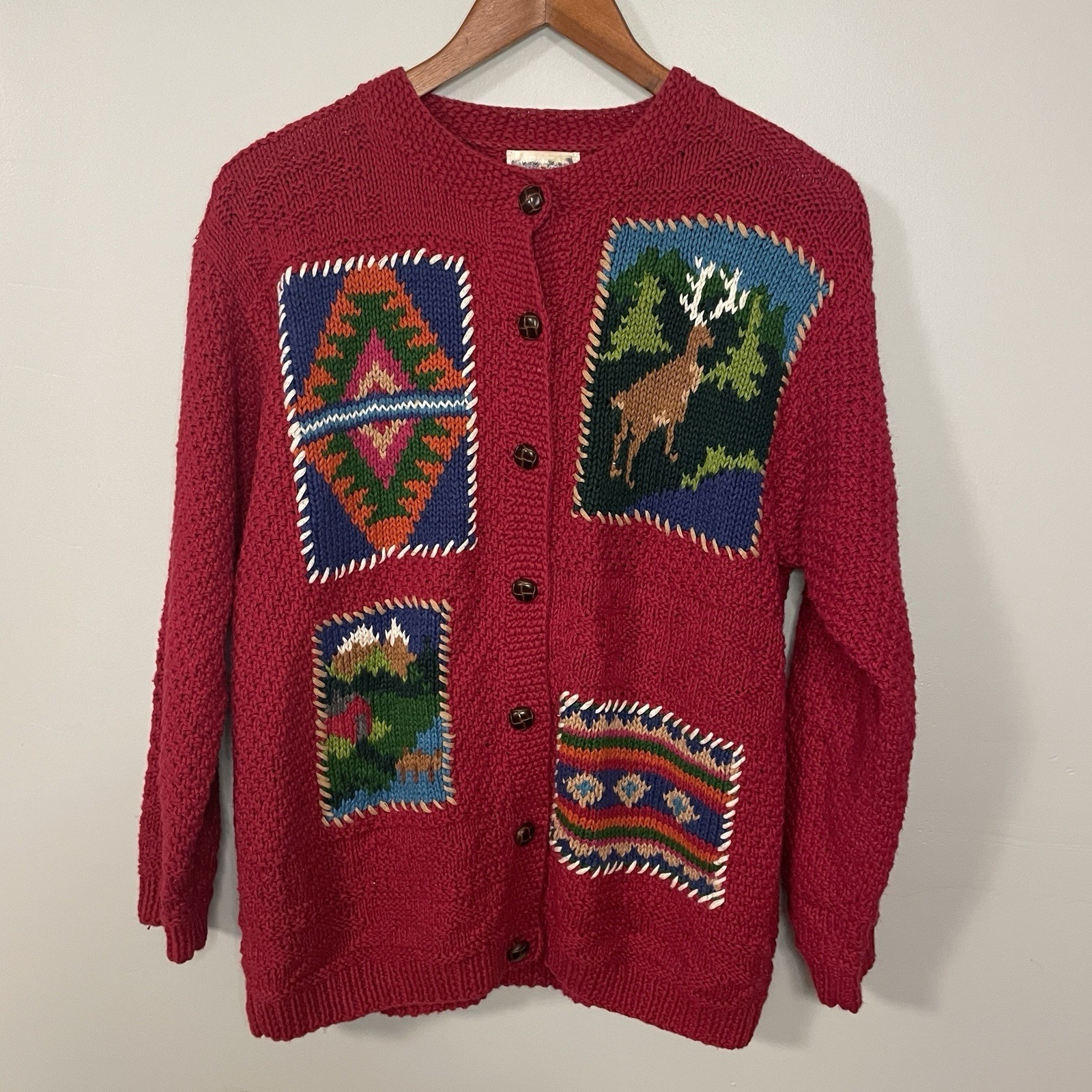 Vtg Susan Bristol Red Mountain Scene Deer Knit Cardigan Size S Cottagecore